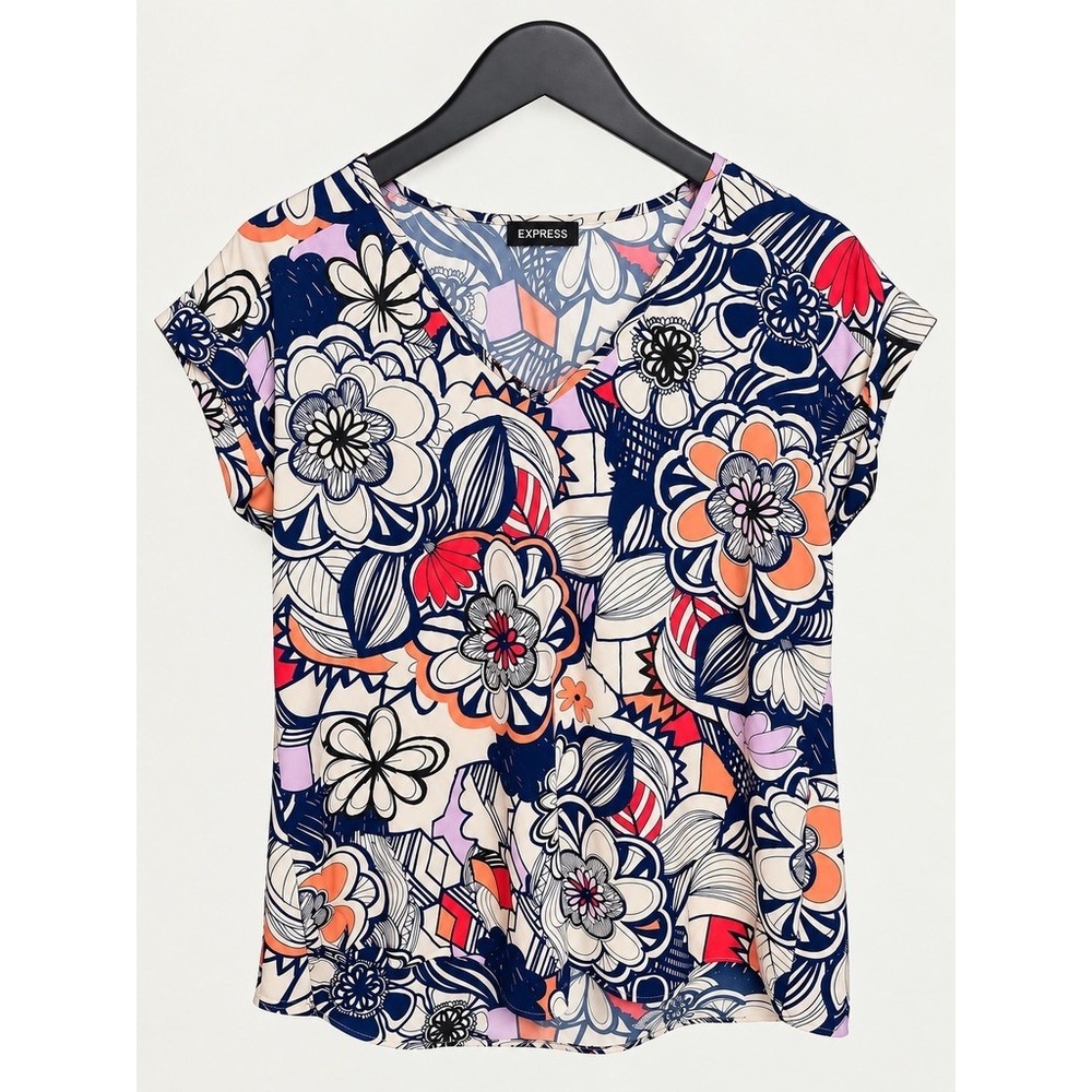 Express Women Floral V Neck Top M Retro 70s Mod Groovy Artsy Boho Maximalist Fun